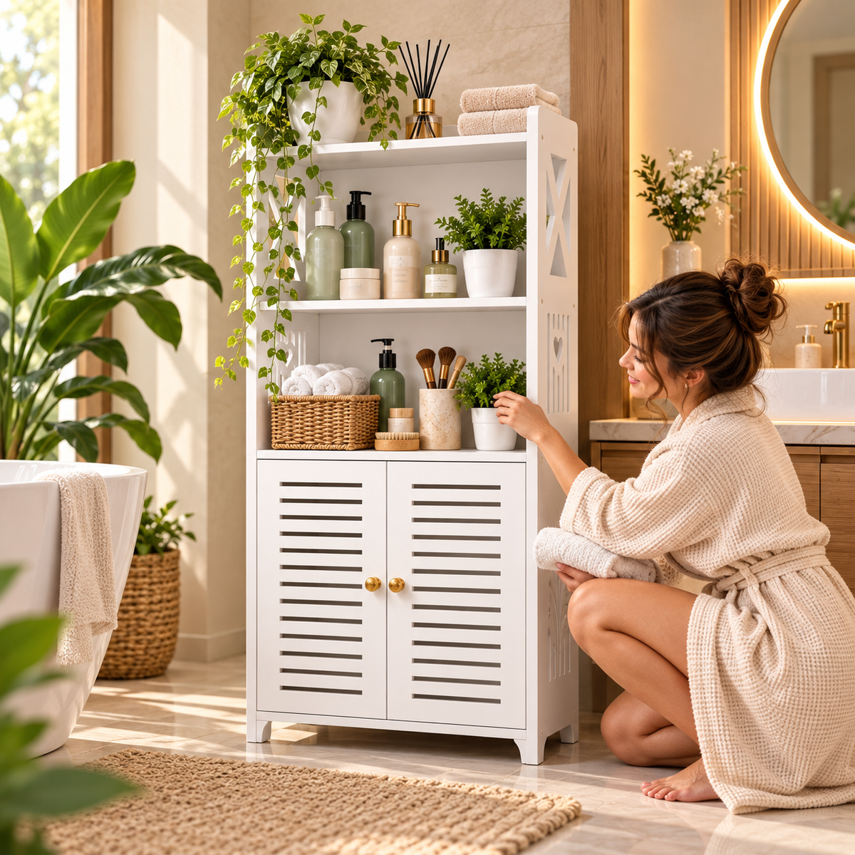 🏠✨ Mueble Organizador Multiusos en Madera PVC | 🧴🧺 Con Puertas y Estantes para Todo el Hogar 🤍