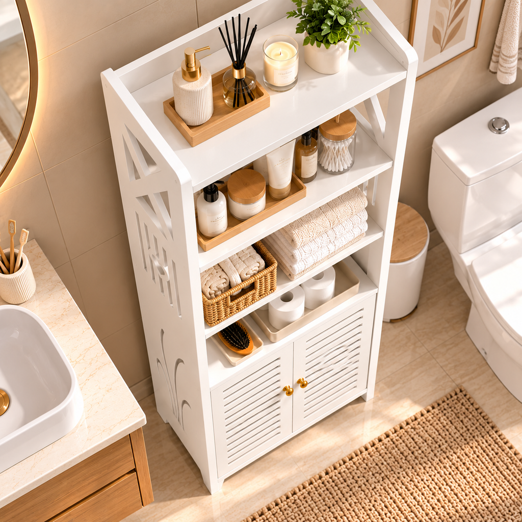 🏠✨ Mueble Organizador Multiusos en Madera PVC | 🧴🧺 Con Puertas y Estantes para Todo el Hogar 🤍
