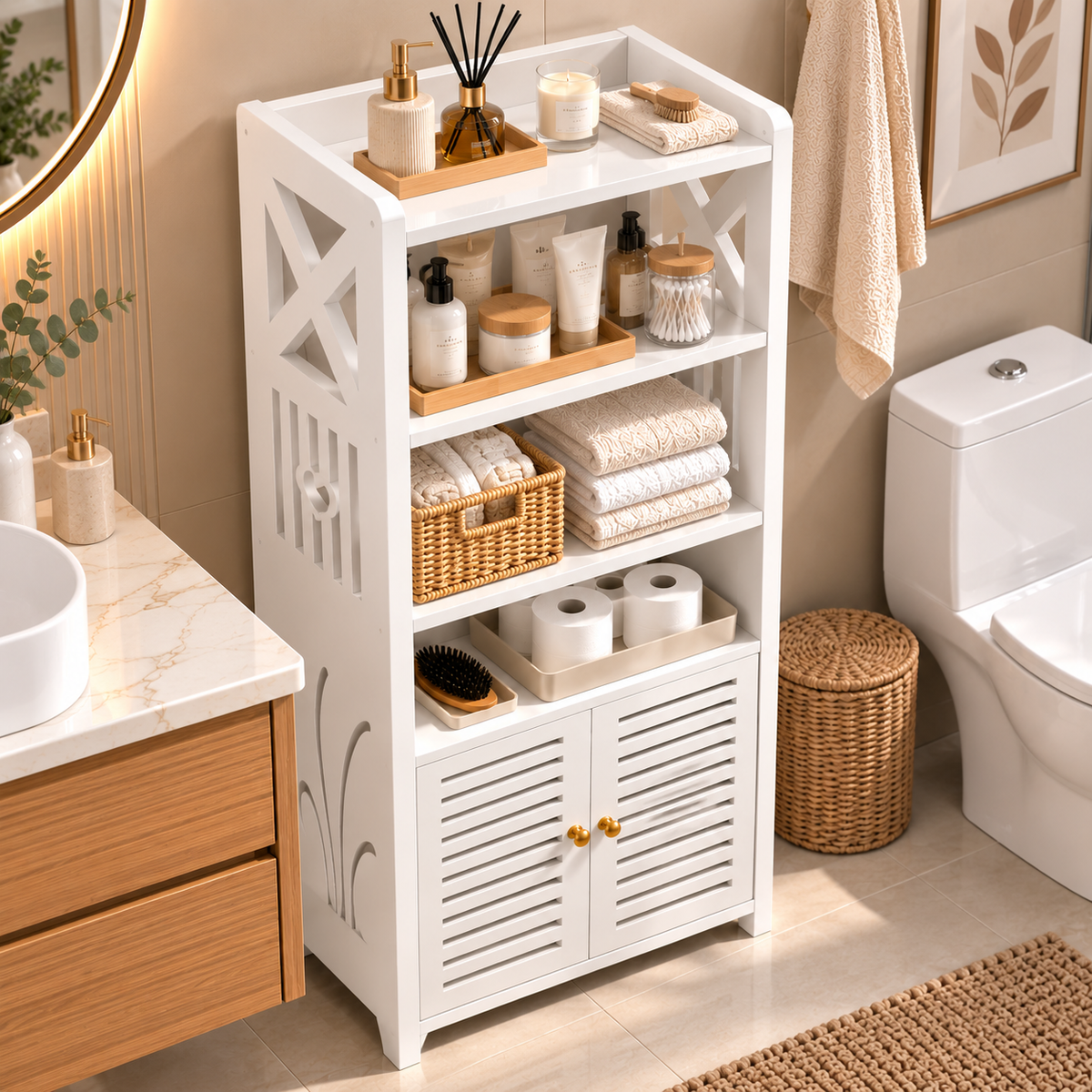 🏠✨ Mueble Organizador Multiusos en Madera PVC | 🧴🧺 Con Puertas y Estantes para Todo el Hogar 🤍