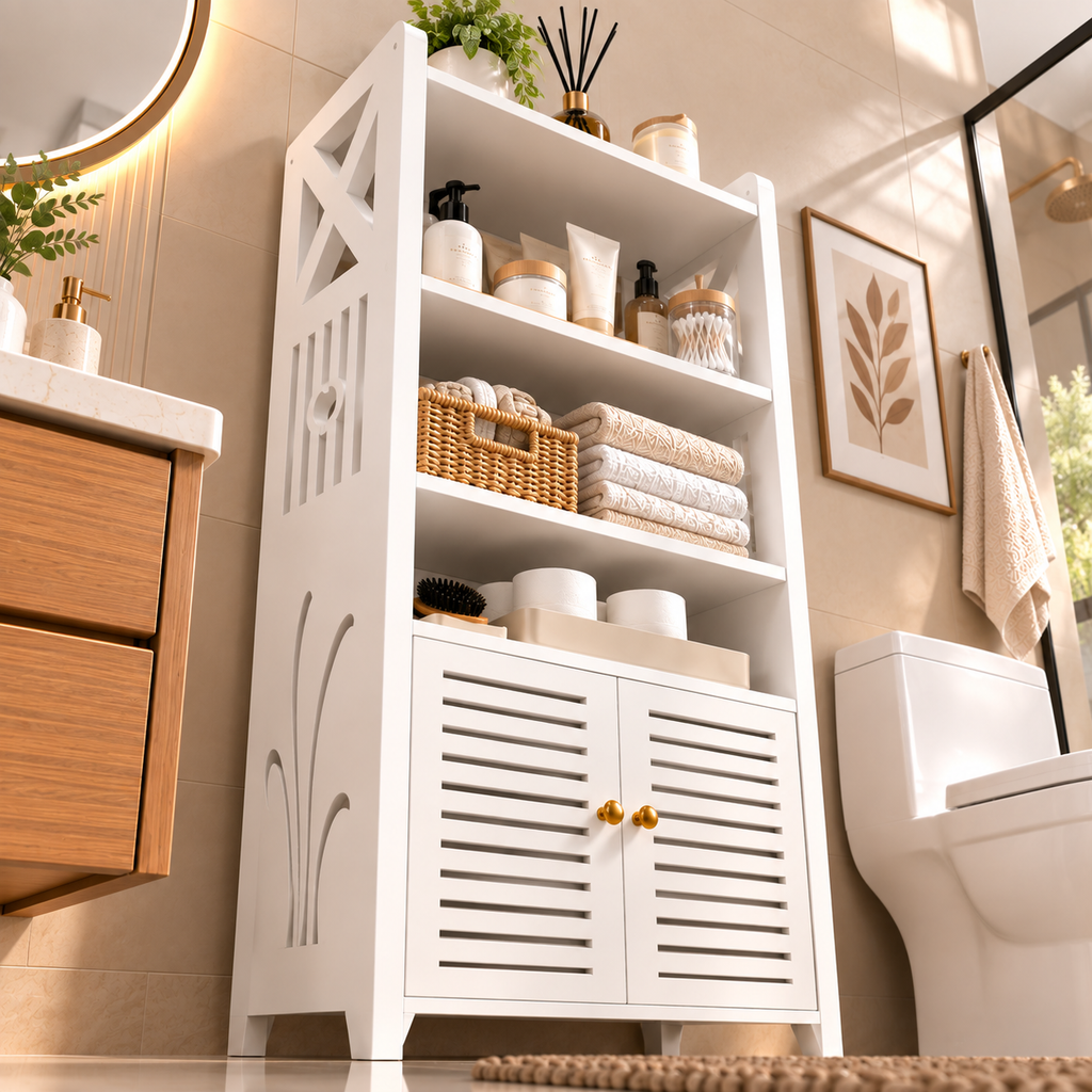 🏠✨ Mueble Organizador Multiusos en Madera PVC | 🧴🧺 Con Puertas y Estantes para Todo el Hogar 🤍