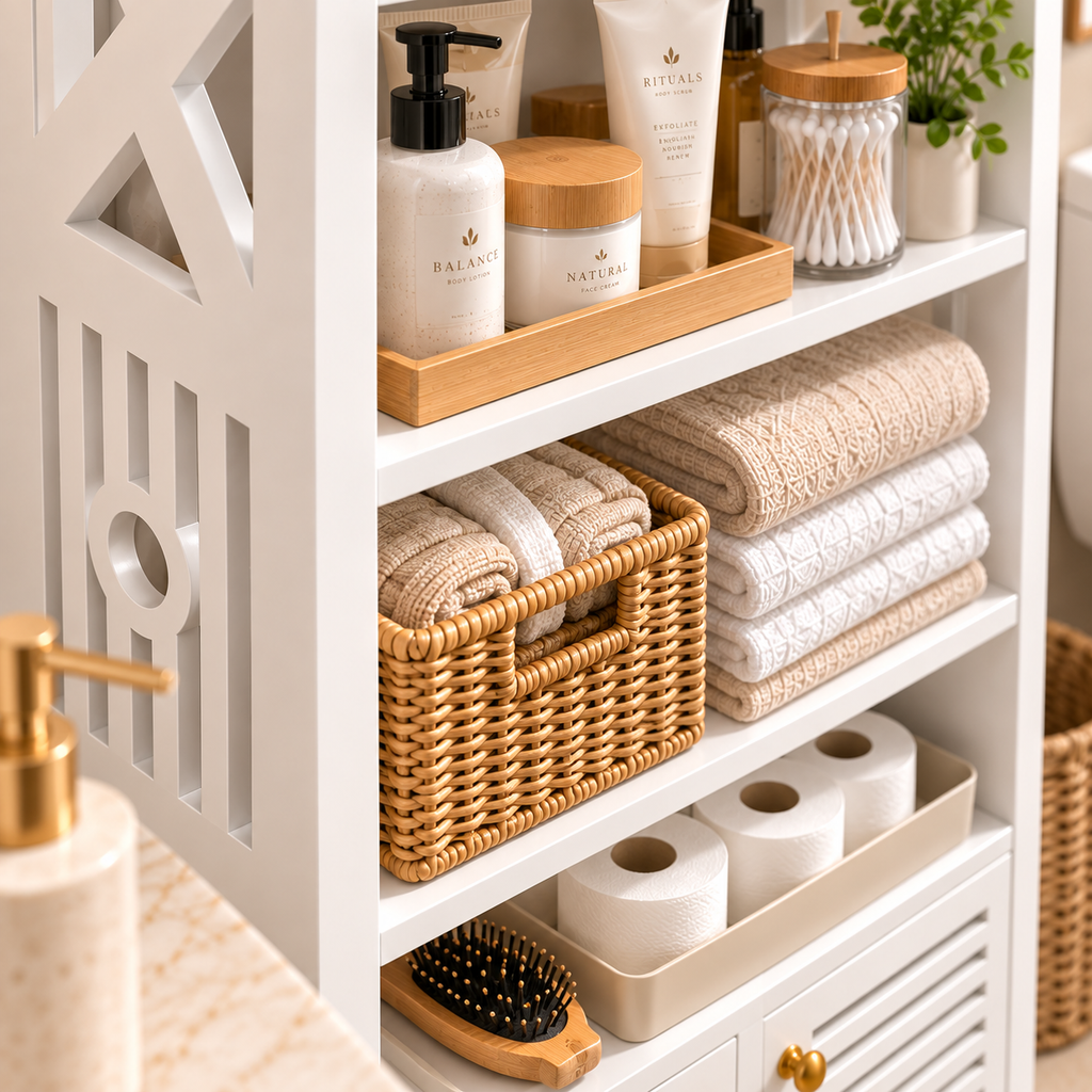 🏠✨ Mueble Organizador Multiusos en Madera PVC | 🧴🧺 Con Puertas y Estantes para Todo el Hogar 🤍