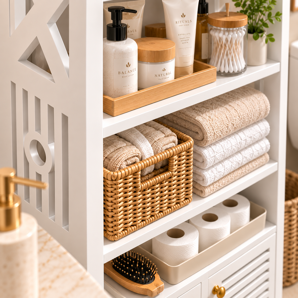 🏠✨ Mueble Organizador Multiusos en Madera PVC | 🧴🧺 Con Puertas y Estantes para Todo el Hogar 🤍