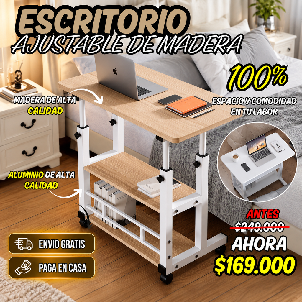 Escritorio Ajustable en Altura para Cama y Sofá | Multifuncional con Repisas