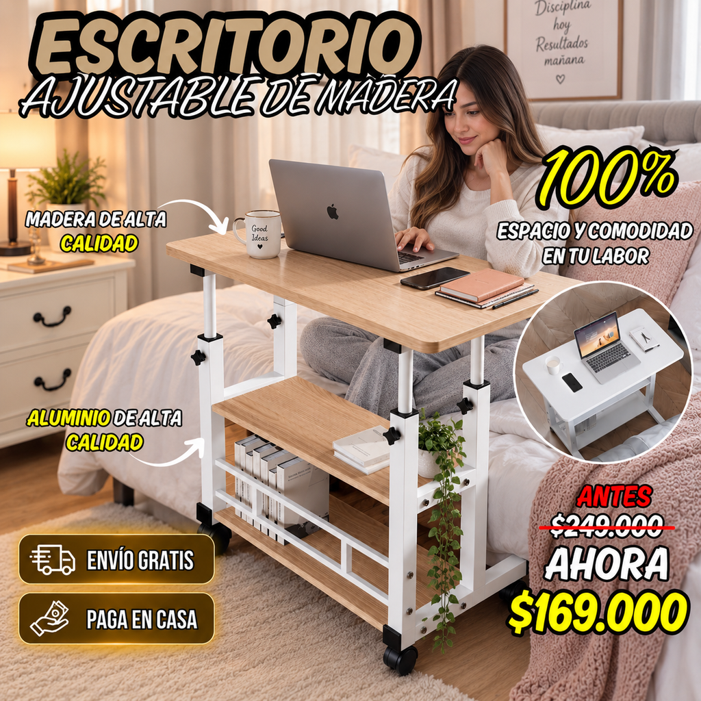 Escritorio Ajustable en Altura para Cama y Sofá | Multifuncional con Repisas