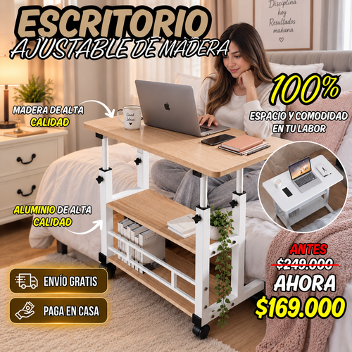 Escritorio Ajustable en Altura para Cama y Sofá | Multifuncional con Repisas